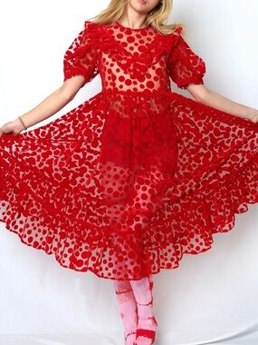 BATSHEVA Red Polka Dot Sheer Ruffled Midi Dress